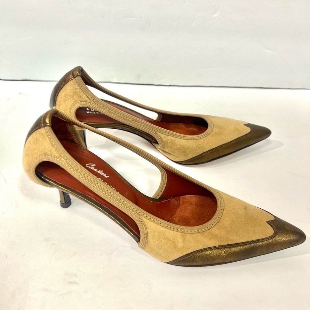 Donald PlinBeige and Bronze Pointed Toe Kitten Heel Pumps